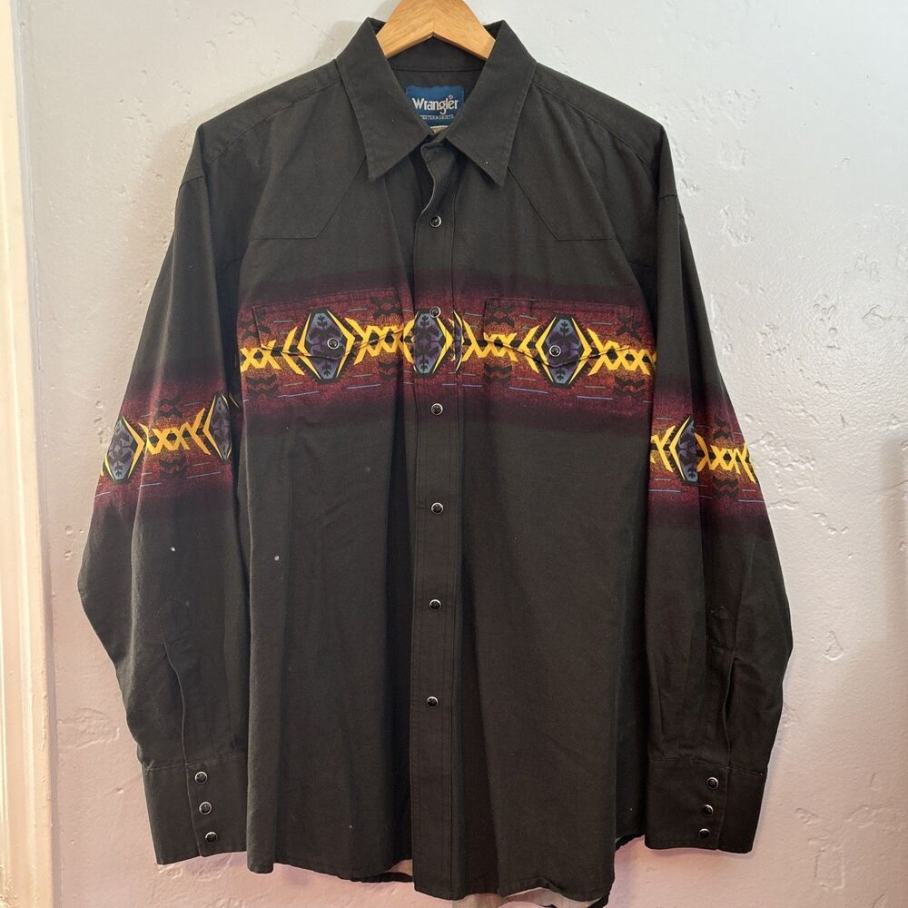 Wrangler Southwest Western Shirt Men's Large Black Aztec Pearl snap Button up